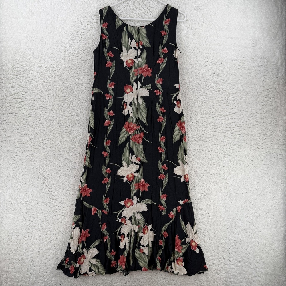 Young Hawaii Dress Womens Large Black Floral Ruffle Hem Sundress Hawaiian USA - Picture 2 of 8